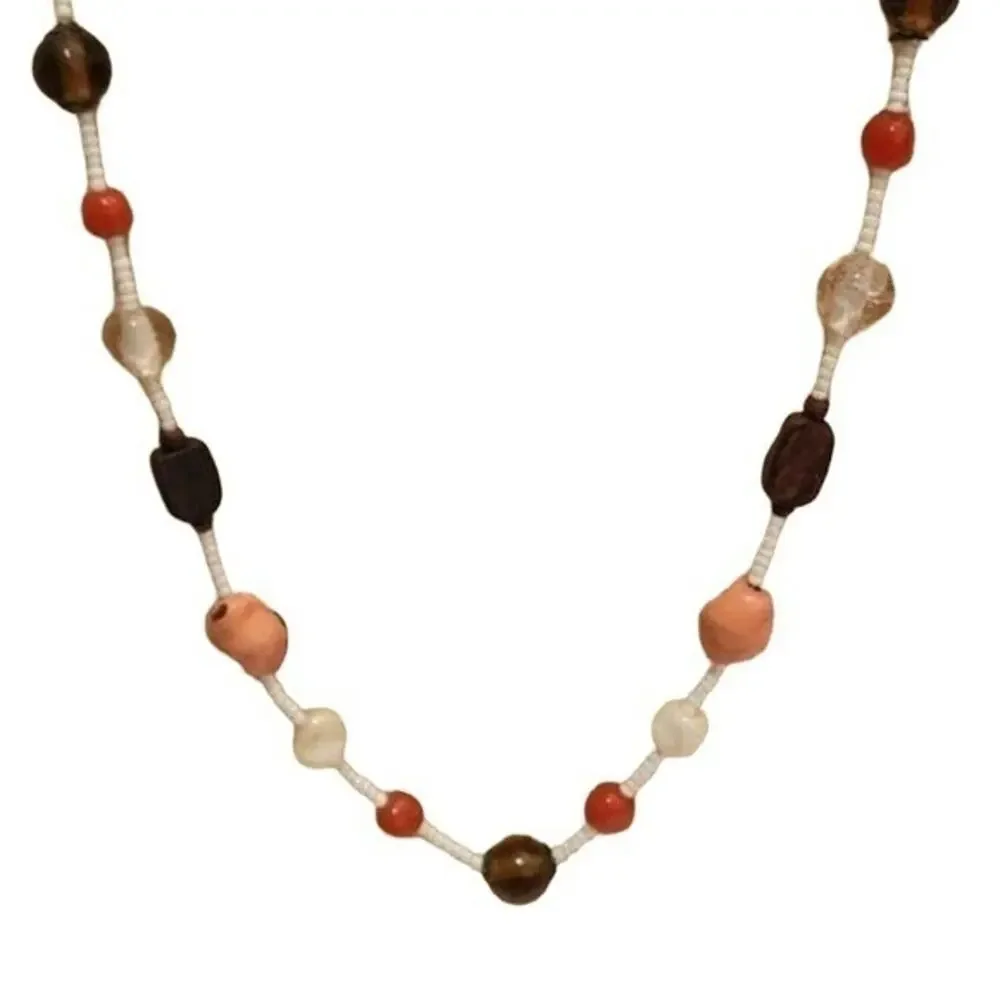 Treska Vintage Earth Tone Beaded Necklace Coral Brown Wood Glass Seed Bead 24 In